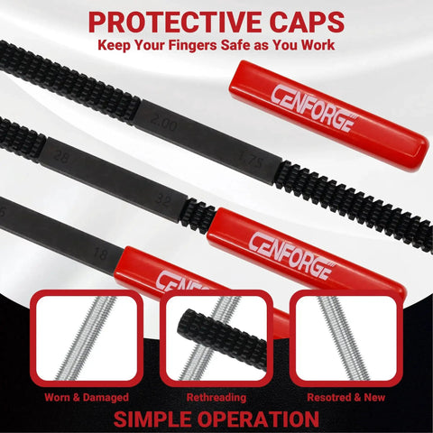 3 Piece Thread Restorer File Set For SAE UNC UNF And Metric Threads With Caps, showing files with protective red caps