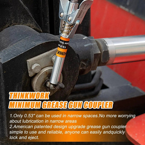 Grease Gun Coupler Set With Double Handle For Extra Reach And 90 Degree Adaptor One Eighth NPT Fittings And Cleaning Tool Plus Narrow Needle Dispenser For Jaw Type Couplers And High Pressure 12000 PSI Use With All Grease Guns Thinkwork in use on machinery