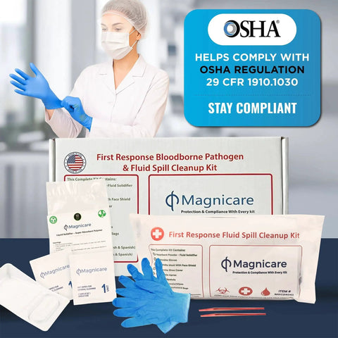 OSHA Compliant Bodily Fluid Cleanup Kit for schools, restaurants, retirement homes with PPE, absorbent powder, and spill tools displayed
