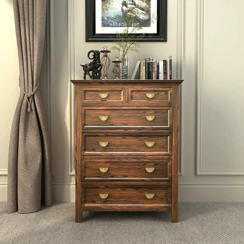 Six Pack Gold Cabinet Handles And Drawer Pulls Set With 2-1/2 Inch Center To Center Hole Edge Pulls For Half Moon Dresser Drawers Featuring Sunflower Petal Inspired Design And Durable Metal Hardware For Kitchen Cabinets And Furniture installed on a wooden dresser in a living room.