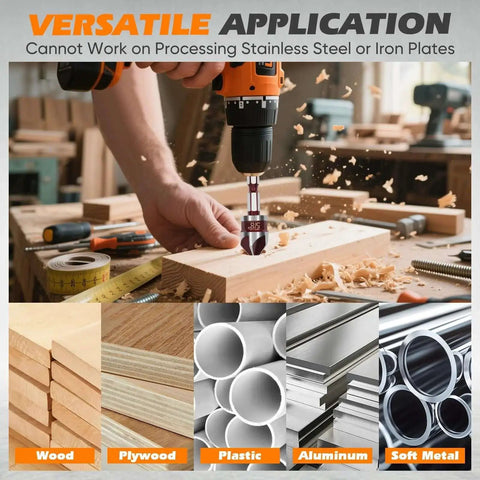 Person using drill with 5 Piece Countersink Drill Bit Set With 82 Degree Premium HSS Countersink Bits on wood in workshop