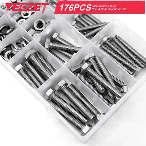 176 Piece Heavy Duty Bolts And Nuts Kit In 304 Stainless Steel With 9 Common Sizes in box