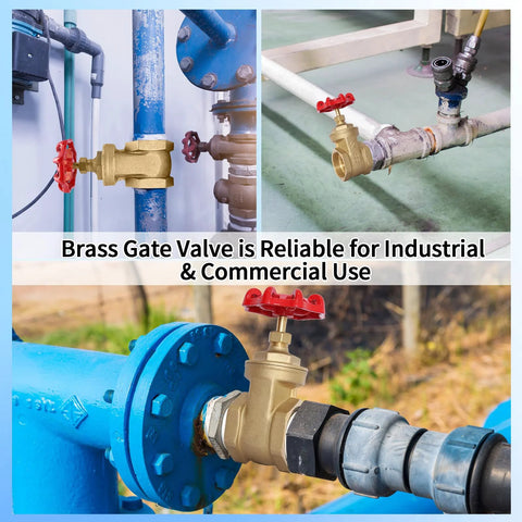 Brass gate valve with red wheel handle on blue piping, 3/4 NPT, industrial water shutoff valve.