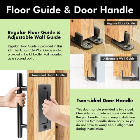 Heavy Duty Black Sliding Barn Door Hardware Kit For 40 Inch By 80 Inch Single Door With 7 Foot Flat Track, Classic Roller System Built Tough, Interior Use Only, Premium Carbon Steel Frame, Durable Nylon Wheels, Easy Install. Image showing regular floor guide, adjustable wall guide, and two-sided door handle for barn doors.
