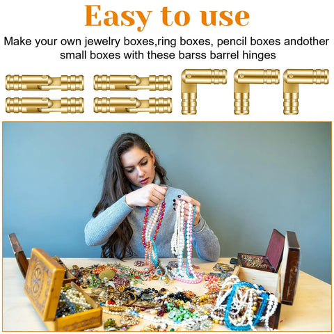 Brass Barrel Hidden Hinges 30 Pack for Wooden Boxes and Cabinets displayed; woman organizing jewelry in open wooden boxes.