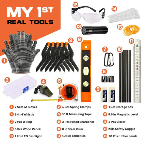 Real Deal 95 Piece Kids Tool Set For Home DIY And Woodworking Projects With Hammer, Screwdriver, Pliers, Measuring Tools, Gloves.