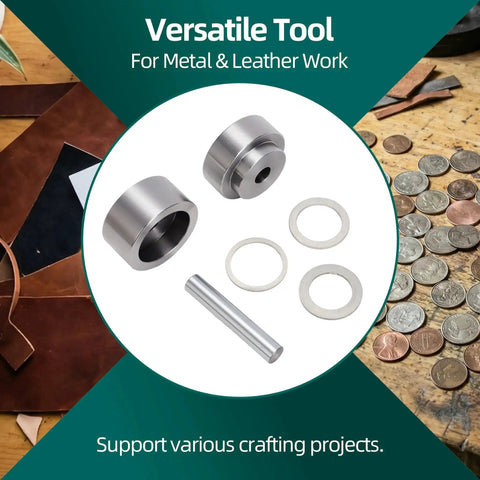 Coin Ring Making Kit With Four Piece Punch And Die Set Self-Centering Metal Hole Punch Tool Kit featuring metal parts and coins