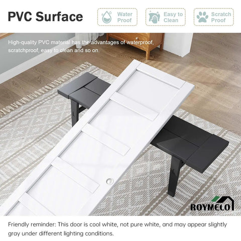 Sliding Closet Door 48x80 Inches, Five Panel Bypass Barn Doors With Concealed Hardware Track Kit Included, White Finish, on table
