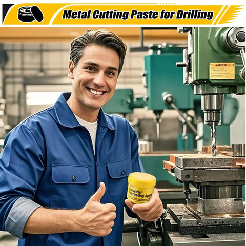 Person holding Metal Cutting Paste For Drilling And Tapping, 8.8 Oz Jar Lubricant Wax next to milling tool in workshop.
