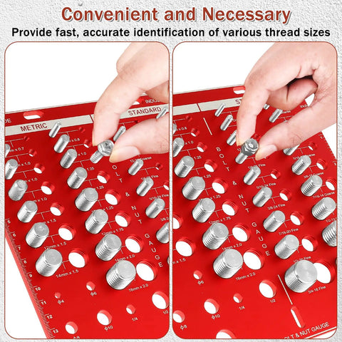 Pro Grade Nut And Bolt Thread Checker With Inch And Metric Gauge Aluminum Alloy Precision Tool For Identifying Thread Size Go No Go ANSI Class 2B Standards 34 Nut And Bolt close-up view showing threaded fasteners on gauge.