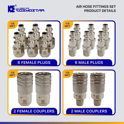 Cosmostar 16-piece air fittings set, 1/4 NPT; 6 female plugs, 6 male plugs, 2 female couplers, 2 male couplers