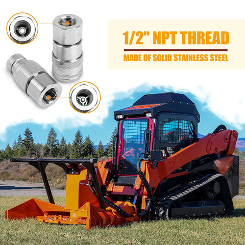 RANSOTO 2x 1/2 in NPT flat-face hydraulic quick-connect couplers with red dust caps; stainless steel, ISO12.5 compatible.