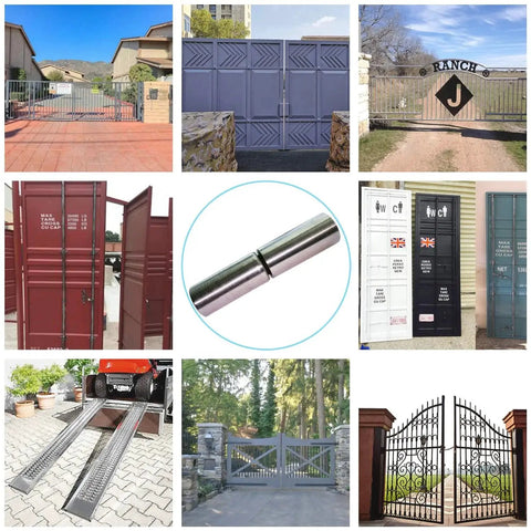 Central image showing Four Inch Weld On Bullet Hinges Four Pack Heavy Duty Barrel Hinge For Gate And Door With Ball Bearing Detachable Swing Door For Trailer Ramp Half Inch Pin 1200 Lbs Load Capacity SRNETKJ, surrounded by images of various gates and ramps.
