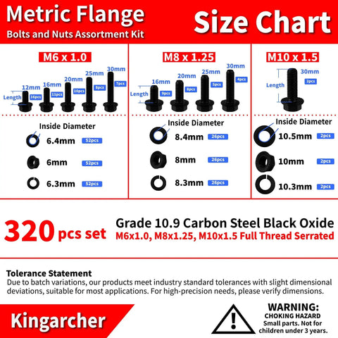 Size chart of 320 Piece Metric Flange Bolts And Nuts Set With Fully Threaded M6 X 1.0, M8 X 1.25, M10 X 1.5 Bolts, Serrated Flange Nuts.