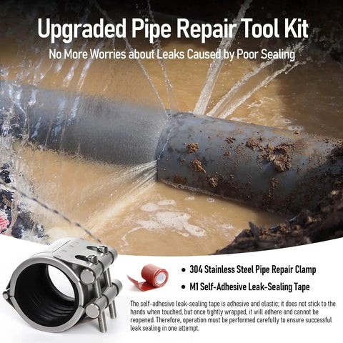 Upgraded Pipe Repair Clamp With M1 Self Adhesive Leak Sealing Tape Delivers Airtight Instant Bond For Plastic And Metal Pipes In A Durable 304 Stainless Steel Rust Proof Emergency Repair Kit For Three Quarter Inch Pipes 25 To 28 Millimeter Kodilin, shown repairing a leaky pipe.
