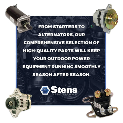 Stens Lucas Oil Red N Tacky Grease 10-pack displayed with automotive starter, alternator, and relay on a blue banner