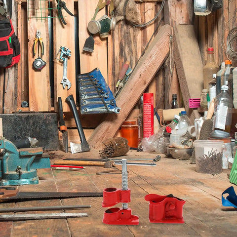 Lightweight 1/2 Inch Quick Release Pipe Clamp for Woodworking and Wood Gluing, red heavy duty tool on workbench