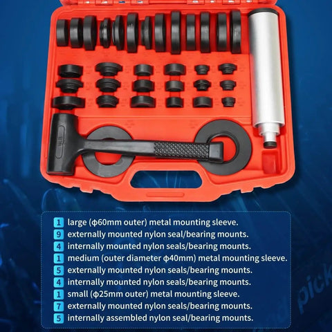 37 Piece Sealed Bearing Mounting Kit With Oil Seal Installation Tools in red case, includes impact sleeves and tools for universal fit.