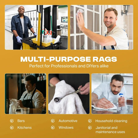 Professionals using white terry cloth cleaning rags for janitorial, automotive, and household tasks