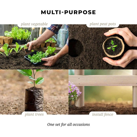 Collage showcasing uses of Auger Drill Bit Set for Planting Three Pack with Extension, including planting and installing fence posts.