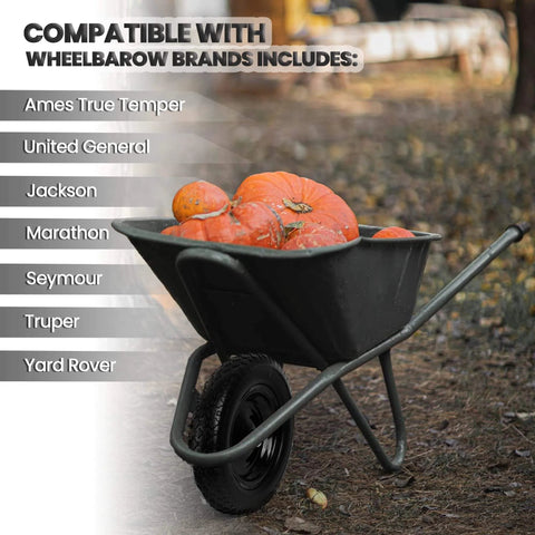 Flat Free Wheelbarrow Tire And Wheel Set, 14.5 Inch Solid Wheel With 3 Inch Hub installed on wheelbarrow with pumpkins