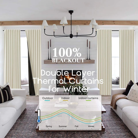 Living room with 102 Inch Track Curtain Set With Ceiling Mount, Two Panels, Beige Blackout Drapes for room darkening.