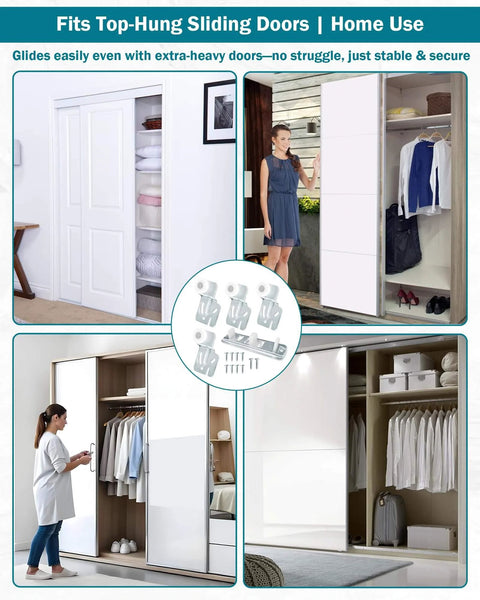 Sliding Closet Door Roller Kit With Track For Top Hung Doors Replacement Set Includes Front And Rear Nylon Wheels shown in use for smooth sliding closet doors.