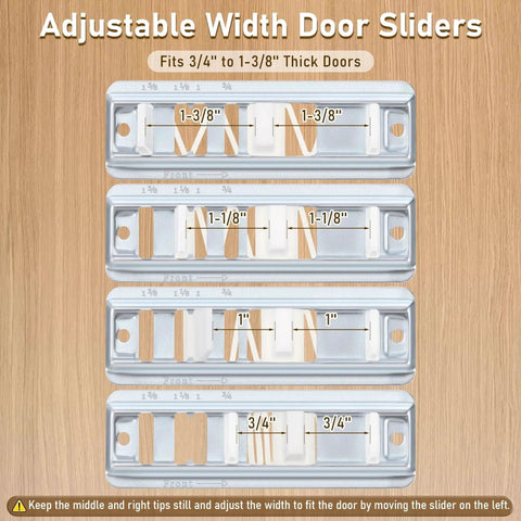 Image showing adjustable door sliders for 3/4 to 1 3/8 inch thick doors with measurements, part of the Two Pack Sliding Closet Door Floor Guides With Carpet Risers For An Adjustable Fit For Doors From 3/4 To 1 3/8 Inch Thick, Elevates The Bottom Track For Carpets, White And Metallic.