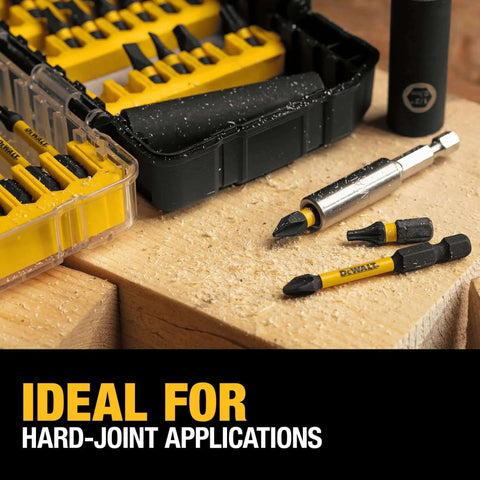 Impact Ready Flextorq 40-Piece Steel Screwdriver Bit Set By DeWalt displayed on a workbench with clear lid and storage case