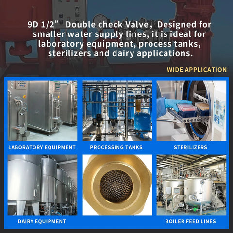 Brass 1/2 in backflow preventer collage; blue-framed industrial equipment including lab gear, processing tanks, sterilizers, dairy equipment.