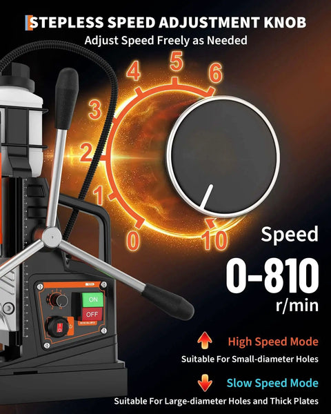Beast Magnetic Drill Press With 1750W Copper Motor And 810 RPM For Heavy Duty Metalwork speed adjustment knob and settings