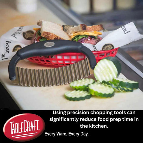 Crinkle Cutter Mezzaluna For Veggies And Fruits One Handed Stainless Steel Rocking Knife For Potatoes Pickles And Crinkle Fries Easy To Clean Dishwasher Safe Small For Meal Prep TableCraft displayed with sliced cucumbers.