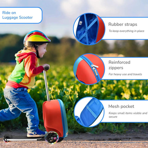 Child riding Kids Ride On Suitcase Scooter Luggage with light-up wheels, showing rubber straps, reinforced zippers, and mesh pocket.