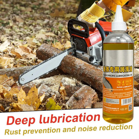 Friction-Reducing Chainsaw Lubricant With Deep Rust Protection And Anti-Wear Formula For High-Performance Cutting bottle next to chainsaw on logs