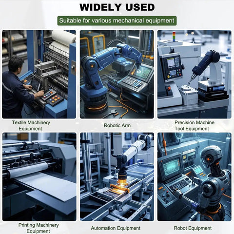 Collage of five industrial machinery images, including robotic arms and textile equipment, showcasing versatility across applications.