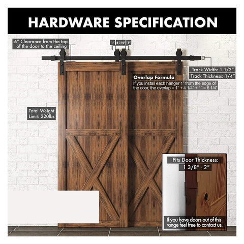 Bypass Sliding Barn Door Hardware Kit 6.6 Feet Rustic Single Track For Double Doors with specification details.