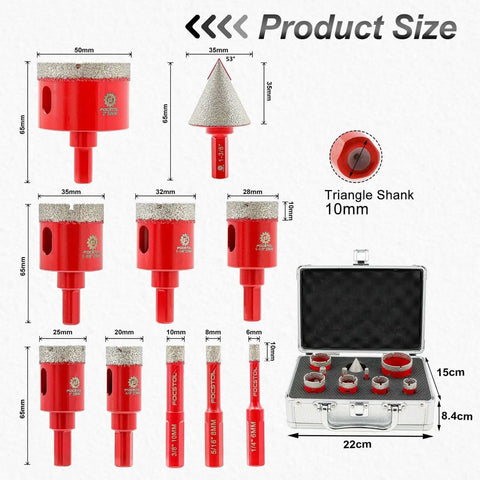Diamond Core Drill Bits Set For Porcelain Tile Ceramic Granite Marble, 10 Piece Hole Saw Kit With 6mm to 50mm Bits, Triangle Shank