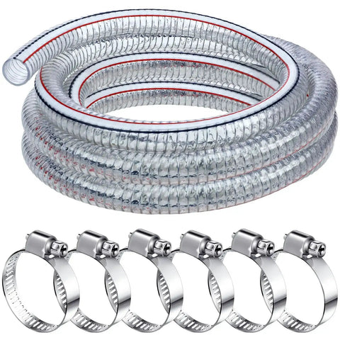 Heavy Duty Steel Wire Flexible PVC Vacuum Hose 1 Inch Inner Diameter 10 Ft With Fasteners Reinforced Clear Tubing coiled with 6 clamps