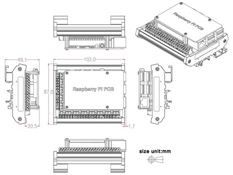 Technical drawing of DIN Rail Mount Screw Terminal Block Adapter Module for Raspberry Pi A Plus B Plus 2B 3B 3B Plus 4B Zero Zero W Version 1.2 Upgrade including dimensions.