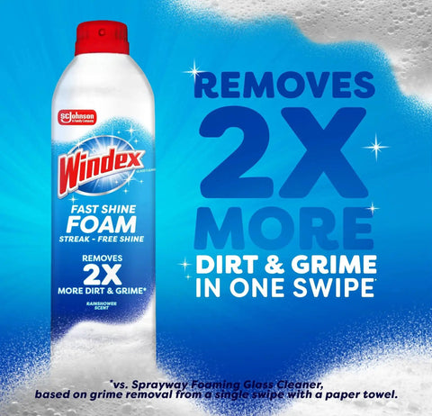 Fast Shine Foam Glass Cleaner No Drip Aerosol Spray 19 Oz Pack Of 2 highlights cleaning capability with 'Removes 2x More Dirt & Grime' text