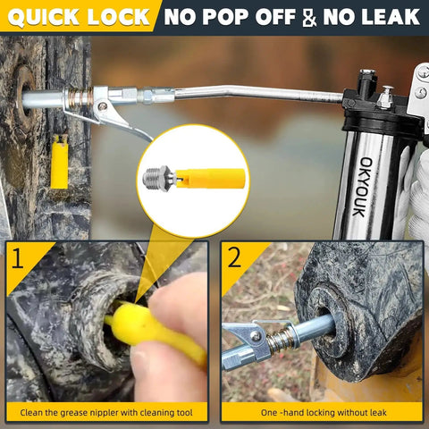 Worlds Smallest Grease Gun Coupler For Tight Spaces With 0.53 Inch Diameter High Pressure Quick Release Tip in use on machinery
