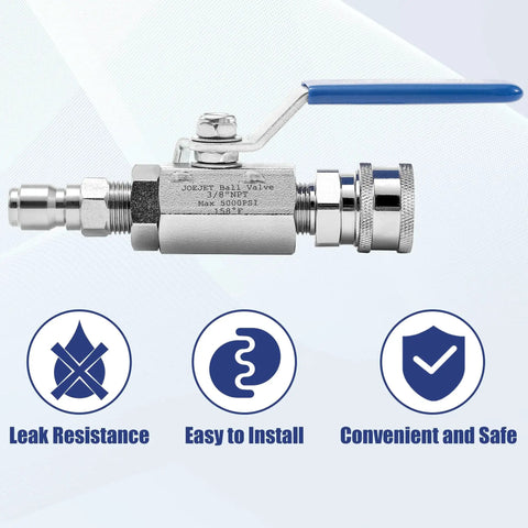 Three Eighths Inch Quick Connect Ball Valve Kit For High Pressure Washers, Stainless Steel Valve, 5000 PSI Capacity, side view