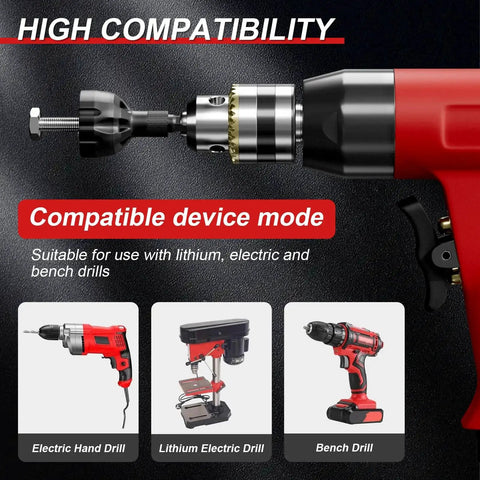 2 Pack Tungsten Carbide Deburring External Chamfer Tools attached to a red electric hand drill for metal PVC wood 3D printed parts.