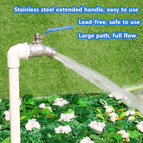 Lead-free 304 stainless hose bibb with blue lever; heavy-duty 3/4" NPT and 3/4" GHT threaded outdoor faucet.
