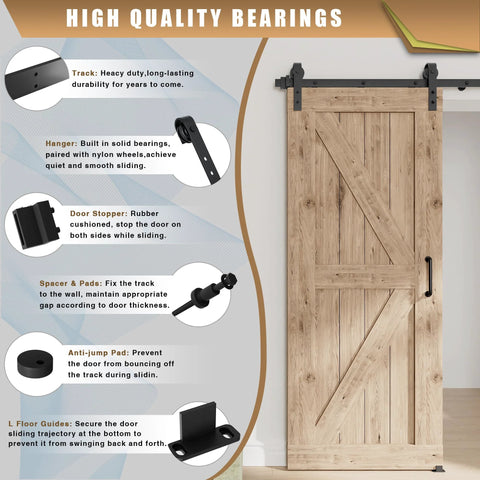 Image of an installed 8 Foot Sliding Barn Door Hardware Kit For Single Doors 42 To 48 Inches Wide with track and fittings.