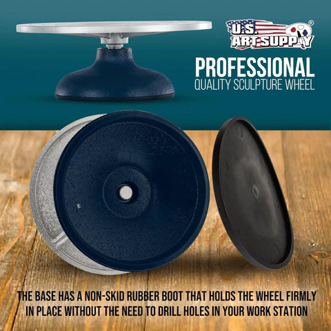 12 Inch Sculpting Wheel With Heavy Duty All Metal Construction And Ball Bearing Turntable For Pottery Ceramics And Clay Art Large Studio Tool For Artists And Crafters US Art Supply, showing underside and side view with non-skid base.
