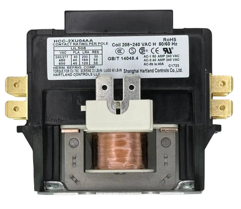 Front view of Compact 208V-240V 40A DPST Contactor for HVAC and commercial appliances, model HCC-2XU04AA with visible coil and terminals.