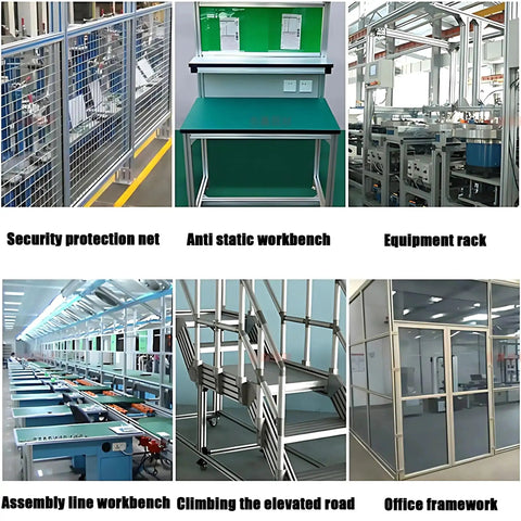 Grid of 6 images showing: Security protection net, Anti-static workbench, Equipment rack, Assembly line workbench, Elevated road climbing structure, Office framework.
