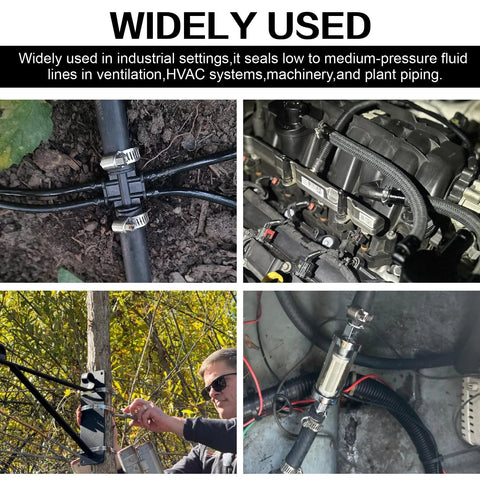 Stainless steel worm-gear hose clamp on irrigation pipe, 1/4–2 in (6–51 mm).

Engine bay close-up: stainless steel worm-gear hose clamp securing a hose (1/4–2 in).

Outdoor DIY: clamp securing cable to a tree using stainless steel worm-gear hose clamp.

Under-vehicle view: stainless steel worm-gear hose clamp on a hose near engine wiring.