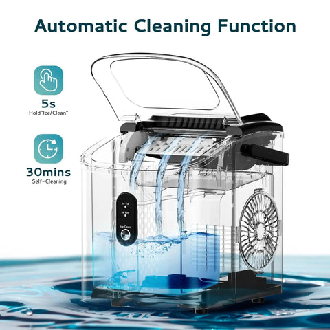 Portable Countertop Ice Maker With Carry Handle 9 Cubes In 6 Minutes Auto Clean showing automatic cleaning function